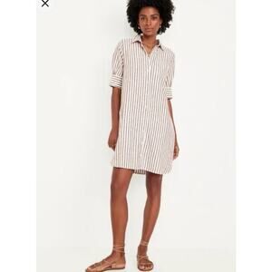 NWT Old Navy Linen Blend Shirt Dress Brown White Stripe Womens Size Medium